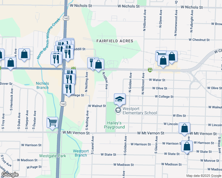 map of restaurants, bars, coffee shops, grocery stores, and more near 250 North Hilton Avenue in Springfield