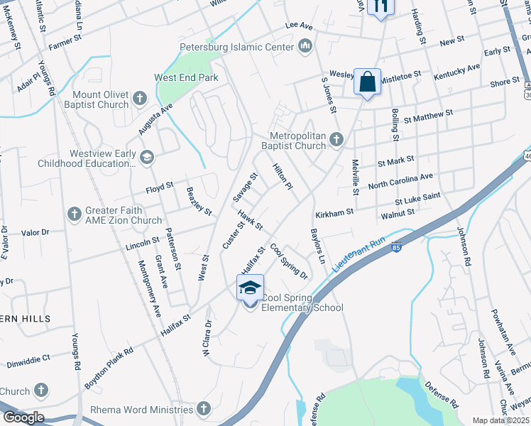 map of restaurants, bars, coffee shops, grocery stores, and more near 109 Walkover Street in Petersburg