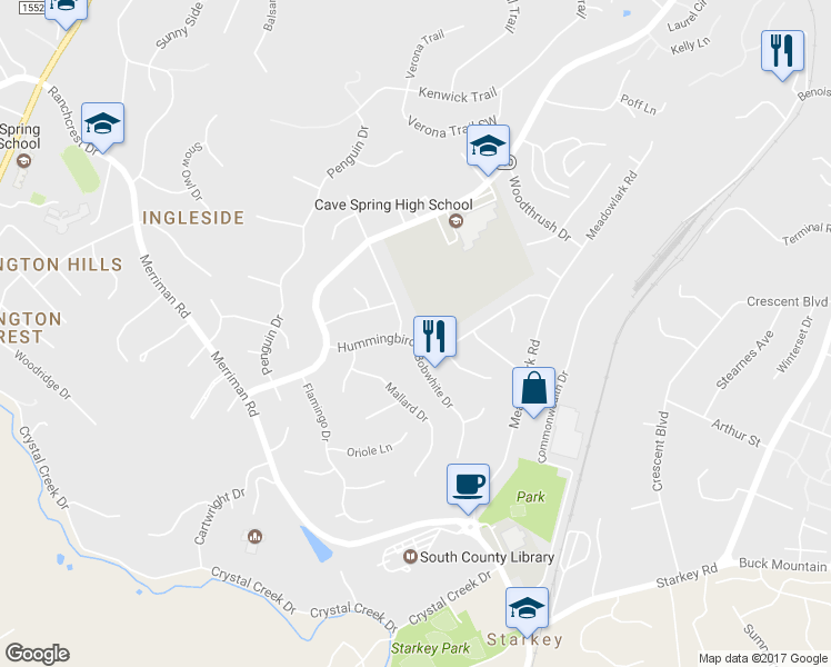 map of restaurants, bars, coffee shops, grocery stores, and more near 3851 Hummingbird Lane in Cave Spring
