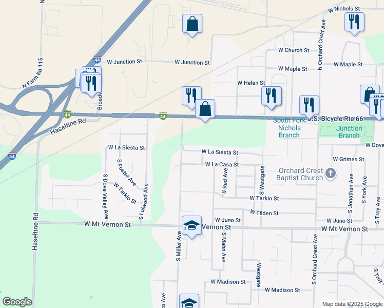 map of restaurants, bars, coffee shops, grocery stores, and more near 4559 West La Siesta Street in Springfield