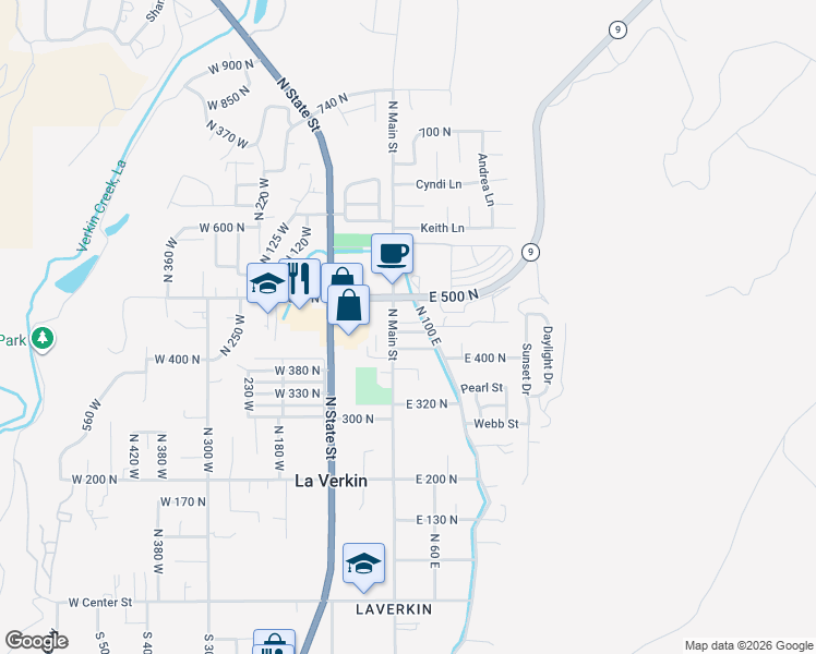 map of restaurants, bars, coffee shops, grocery stores, and more near 23 East 450 North in La Verkin