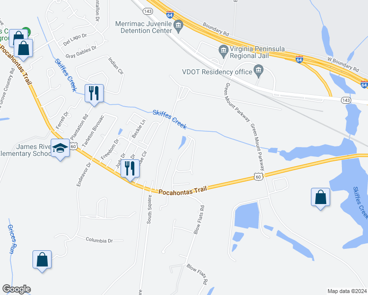 map of restaurants, bars, coffee shops, grocery stores, and more near 1724 Skiffes Creek Circle in Williamsburg