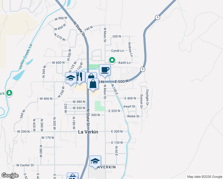 map of restaurants, bars, coffee shops, grocery stores, and more near 43 East 450 Street North in La Verkin
