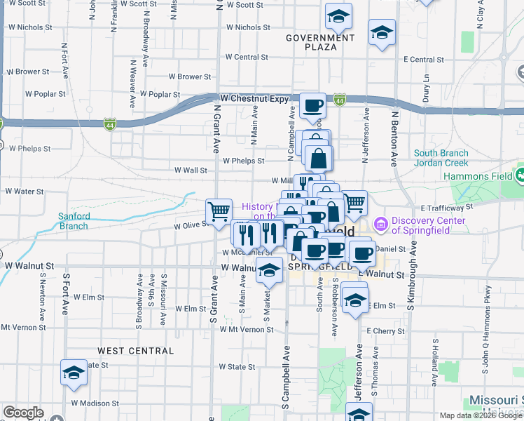 map of restaurants, bars, coffee shops, grocery stores, and more near 465 East Water Street in Springfield