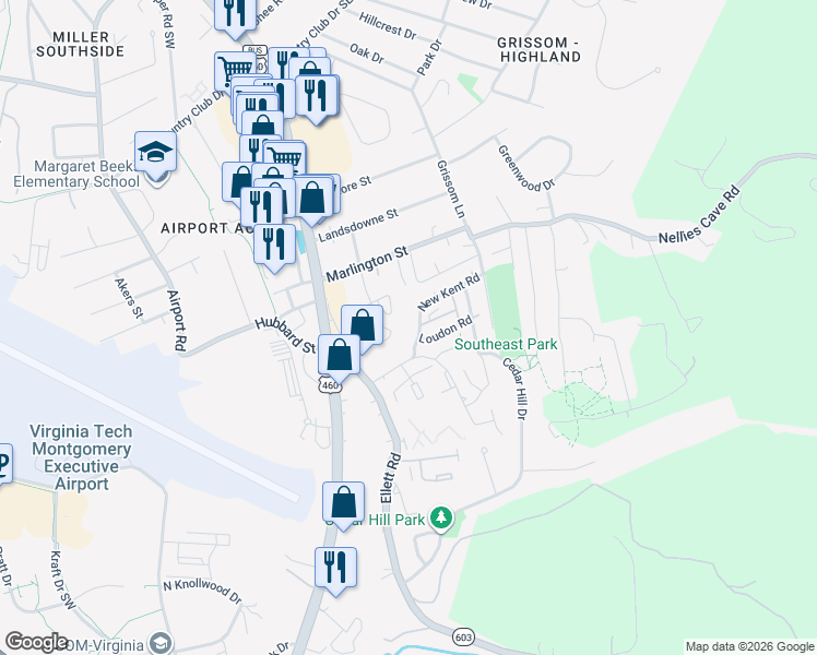 map of restaurants, bars, coffee shops, grocery stores, and more near 330 New Kent Road in Blacksburg
