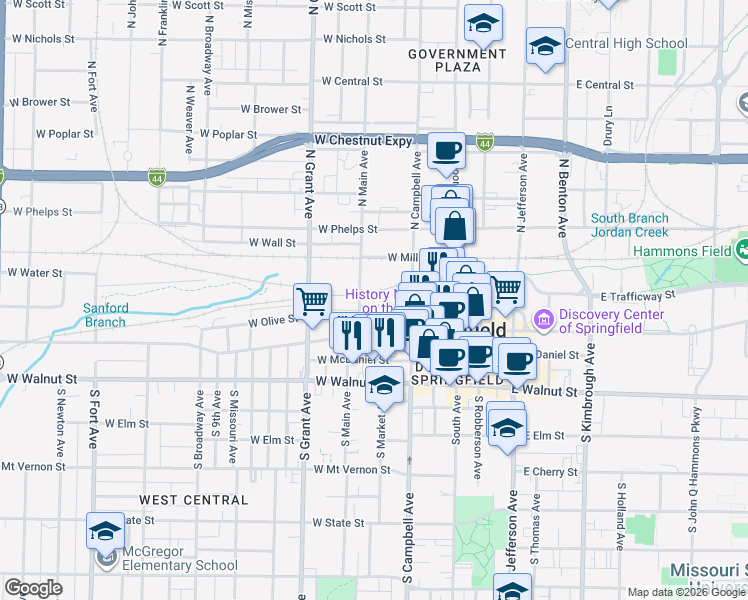 map of restaurants, bars, coffee shops, grocery stores, and more near 465 East Water Street in Springfield