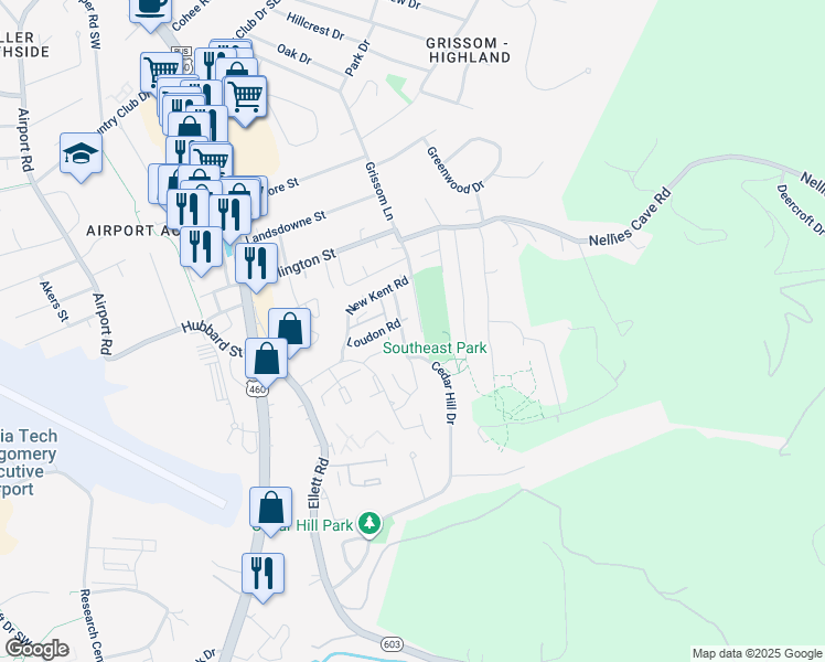 map of restaurants, bars, coffee shops, grocery stores, and more near 1915 Sussex Road in Blacksburg