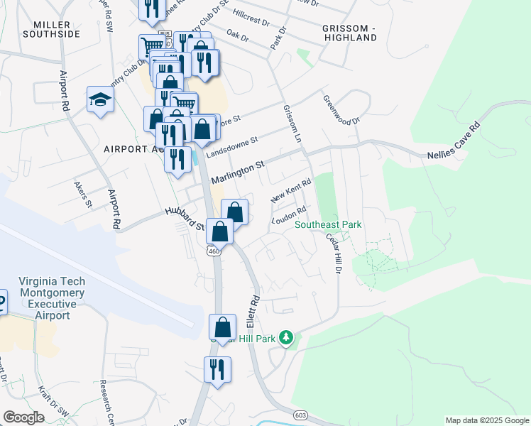 map of restaurants, bars, coffee shops, grocery stores, and more near 330 New Kent Road in Blacksburg