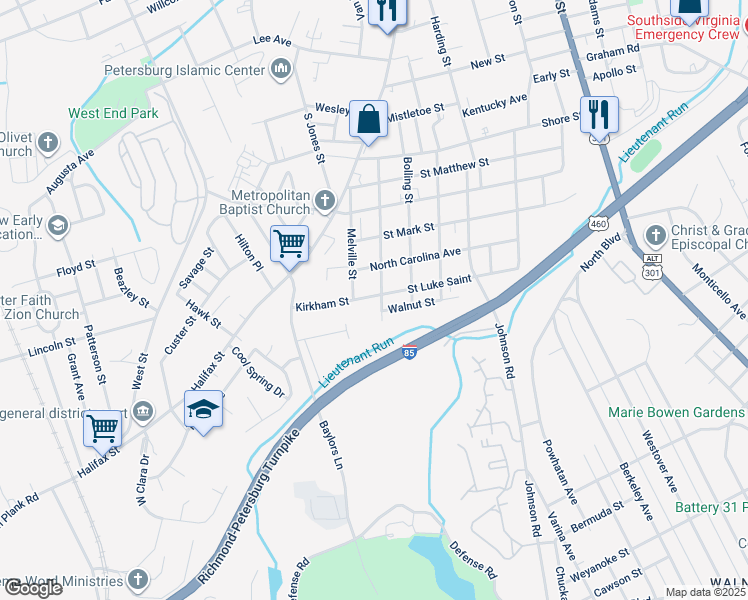 map of restaurants, bars, coffee shops, grocery stores, and more near 1300 Saint James Street in Petersburg