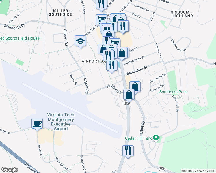 map of restaurants, bars, coffee shops, grocery stores, and more near 246 Hubbard Street in Blacksburg