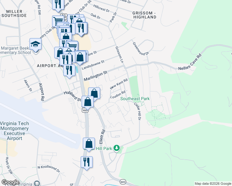 map of restaurants, bars, coffee shops, grocery stores, and more near 330 New Kent Road in Blacksburg
