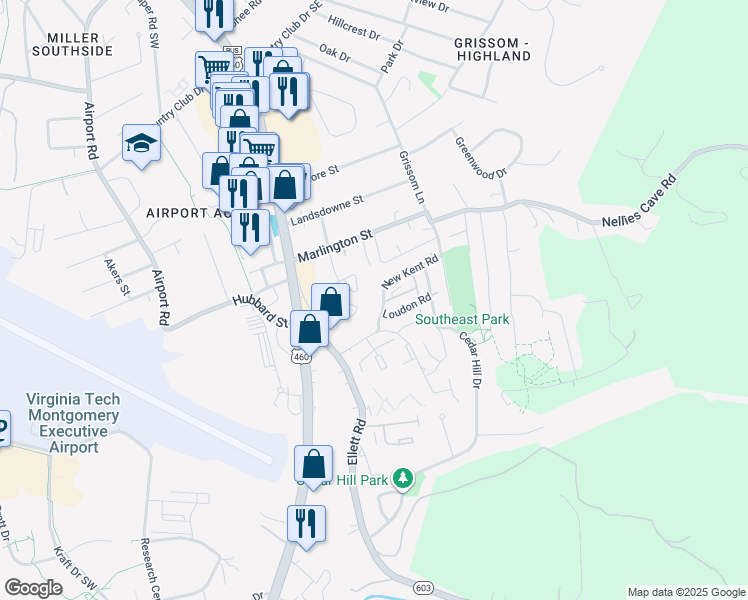 map of restaurants, bars, coffee shops, grocery stores, and more near 330 New Kent Road in Blacksburg
