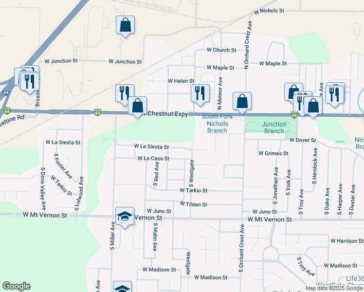 map of restaurants, bars, coffee shops, grocery stores, and more near 4323 West La Siesta Street in Springfield
