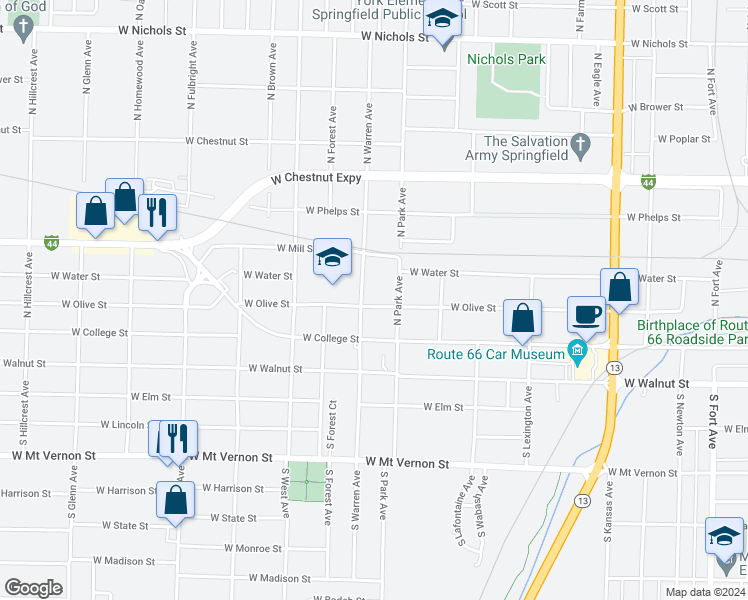 map of restaurants, bars, coffee shops, grocery stores, and more near 2229 West Olive Street in Springfield