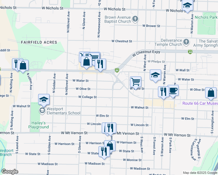 map of restaurants, bars, coffee shops, grocery stores, and more near 2704 West Water Street in Springfield