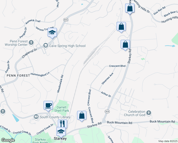 map of restaurants, bars, coffee shops, grocery stores, and more near 5532 Crestwood Drive in Roanoke