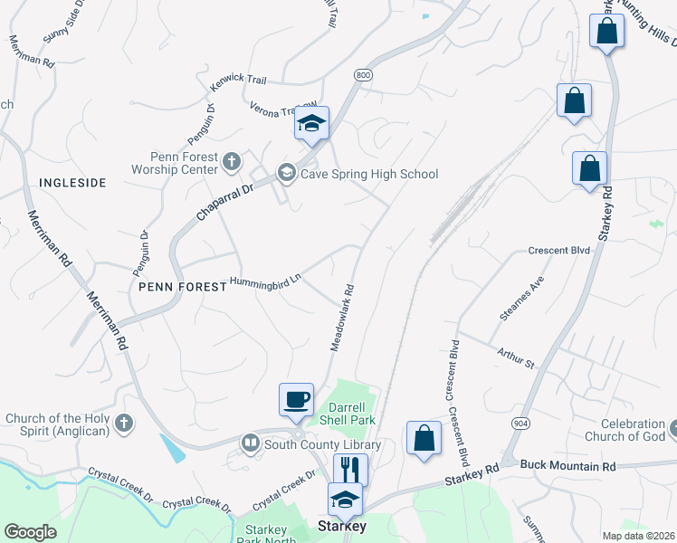 map of restaurants, bars, coffee shops, grocery stores, and more near 3701-3721 Red Bird Circle in Cave Spring