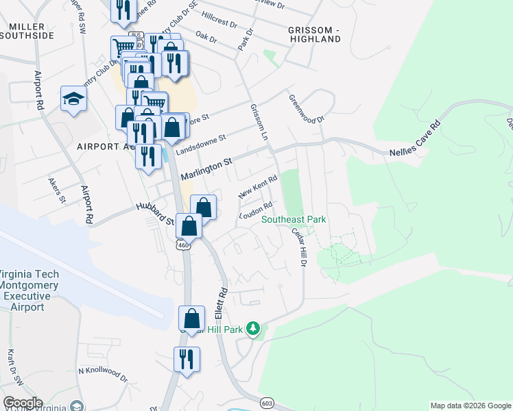 map of restaurants, bars, coffee shops, grocery stores, and more near 311 Loudon Road in Blacksburg