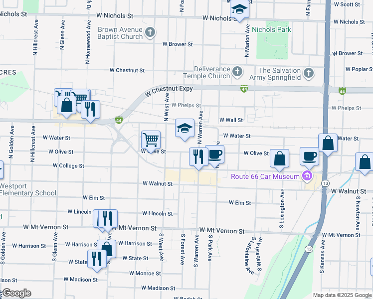map of restaurants, bars, coffee shops, grocery stores, and more near 2343 West Olive Street in Springfield