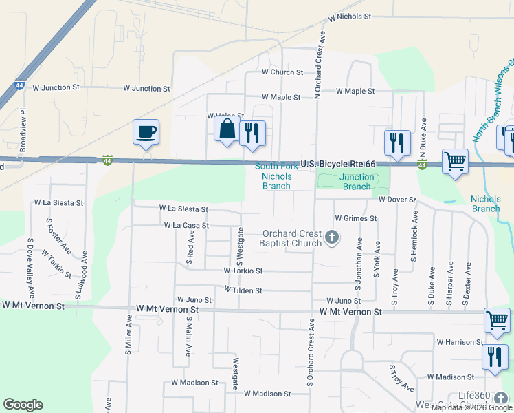 map of restaurants, bars, coffee shops, grocery stores, and more near 4149 West Burbank Street in Springfield