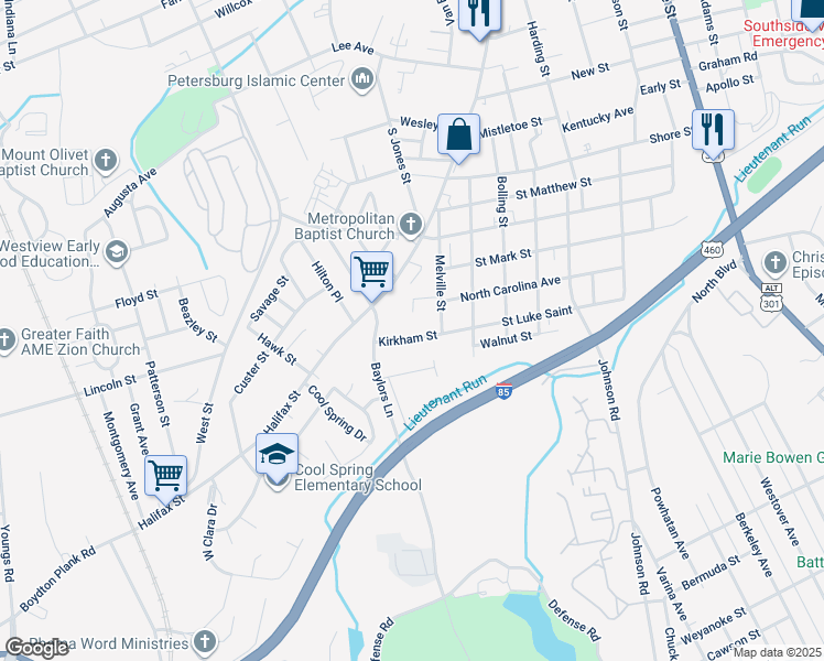 map of restaurants, bars, coffee shops, grocery stores, and more near 741 Court Street in Petersburg