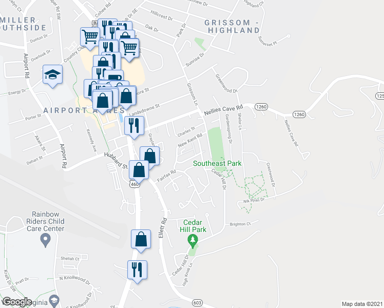 map of restaurants, bars, coffee shops, grocery stores, and more near 311 Loudon Road in Blacksburg