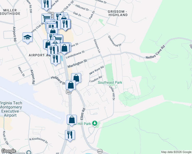 map of restaurants, bars, coffee shops, grocery stores, and more near 311 Loudon Road in Blacksburg