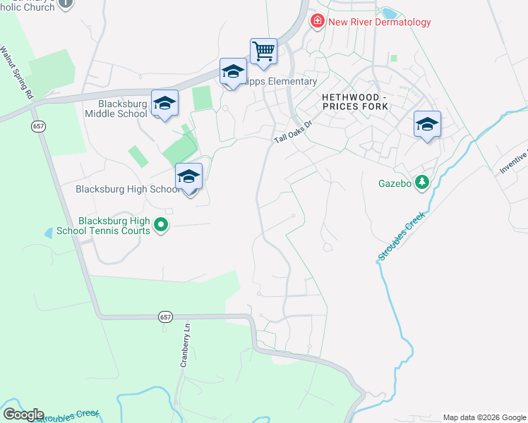 map of restaurants, bars, coffee shops, grocery stores, and more near 2907-2999 Tall Oaks Dr in Blacksburg