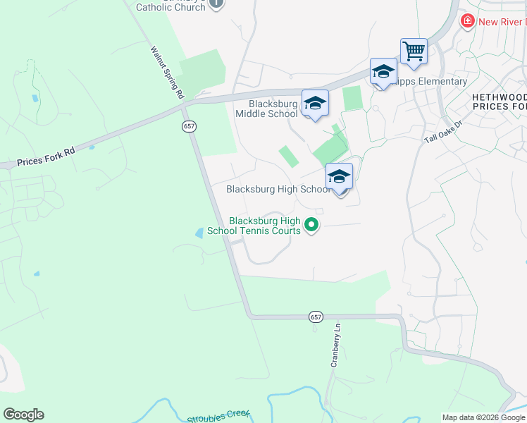map of restaurants, bars, coffee shops, grocery stores, and more near 2308 Merrimac Road in Blacksburg