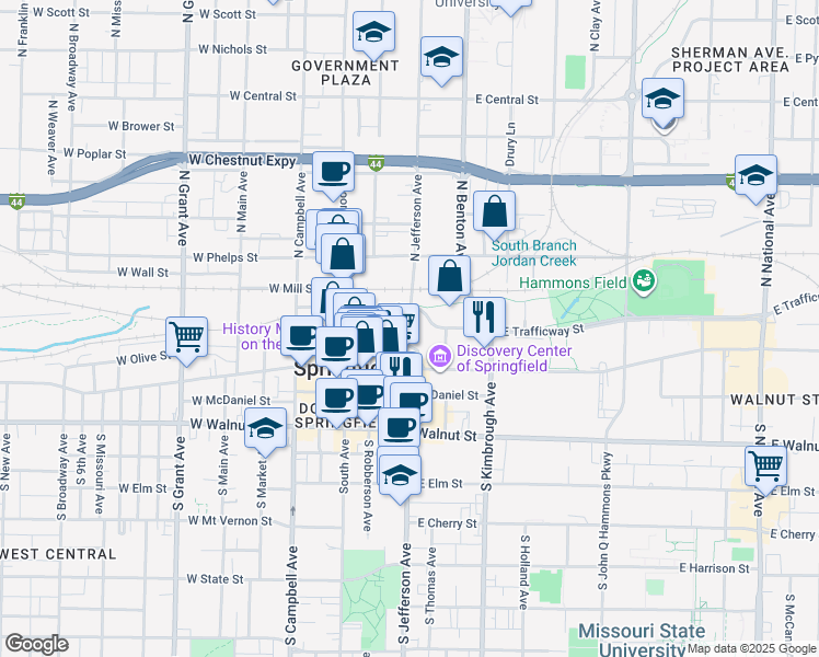 map of restaurants, bars, coffee shops, grocery stores, and more near 320 North Jefferson Avenue in Springfield