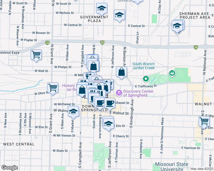 map of restaurants, bars, coffee shops, grocery stores, and more near 301 East Olive Street in Springfield