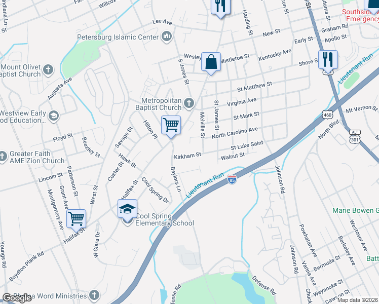 map of restaurants, bars, coffee shops, grocery stores, and more near 741 Court Street in Petersburg