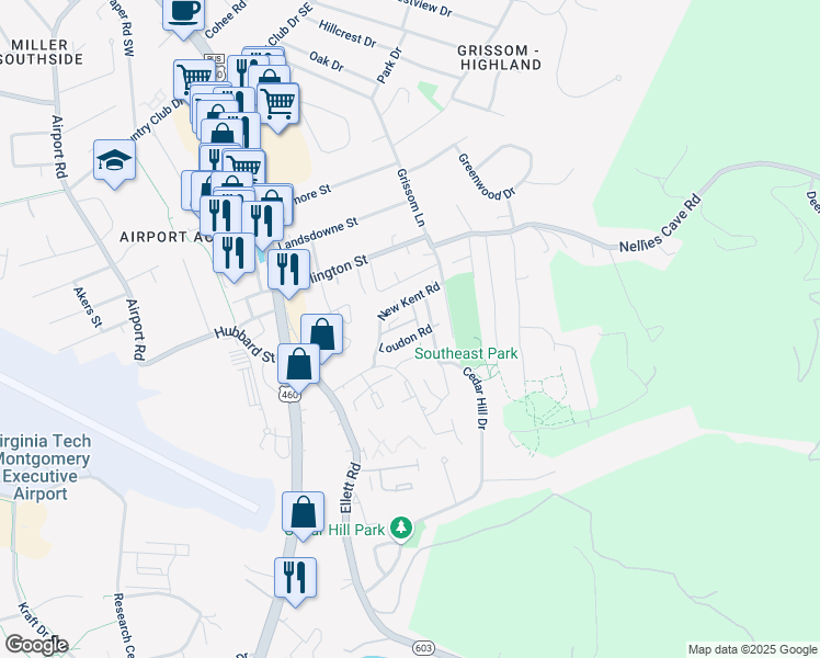 map of restaurants, bars, coffee shops, grocery stores, and more near 309 Loudon Road in Blacksburg
