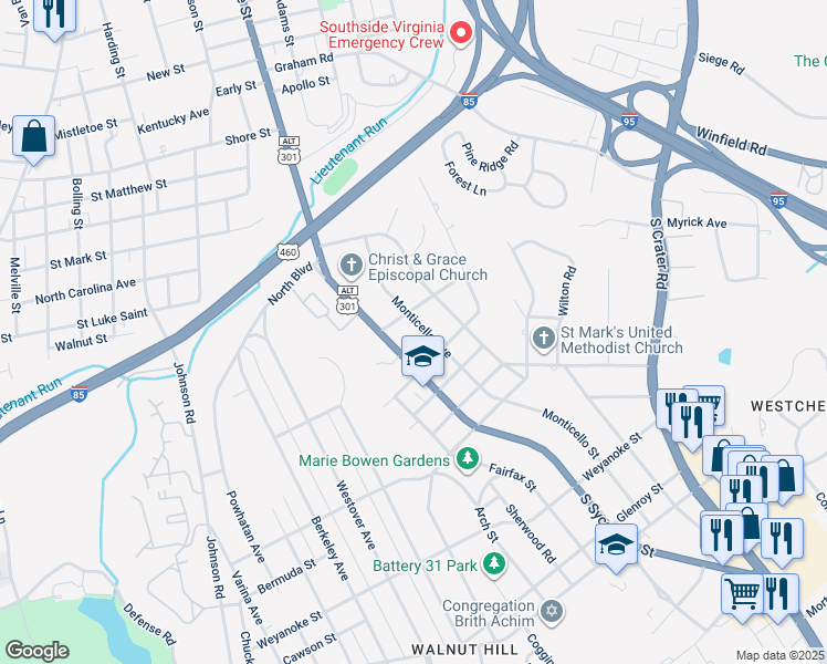 map of restaurants, bars, coffee shops, grocery stores, and more near 1614 Monticello Street in Petersburg