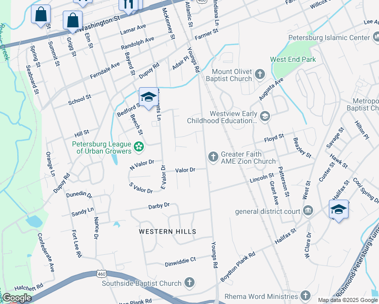map of restaurants, bars, coffee shops, grocery stores, and more near 12 Botany Bay Circle in Petersburg
