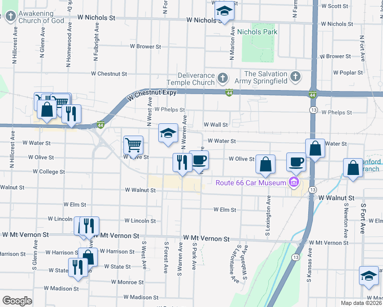 map of restaurants, bars, coffee shops, grocery stores, and more near 337 North Warren Avenue in Springfield