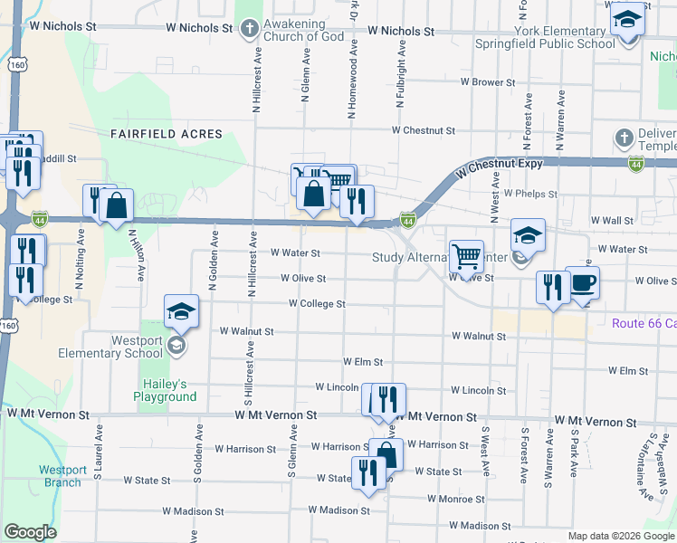 map of restaurants, bars, coffee shops, grocery stores, and more near 325 North Homewood Avenue in Springfield