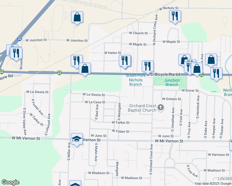 map of restaurants, bars, coffee shops, grocery stores, and more near 4313 West La Siesta Street in Springfield
