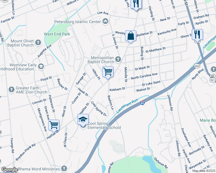 map of restaurants, bars, coffee shops, grocery stores, and more near 1136 Halifax Street in Petersburg