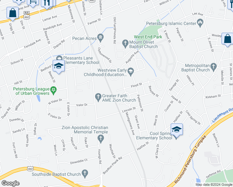 map of restaurants, bars, coffee shops, grocery stores, and more near 1530 Floyd Street in Petersburg
