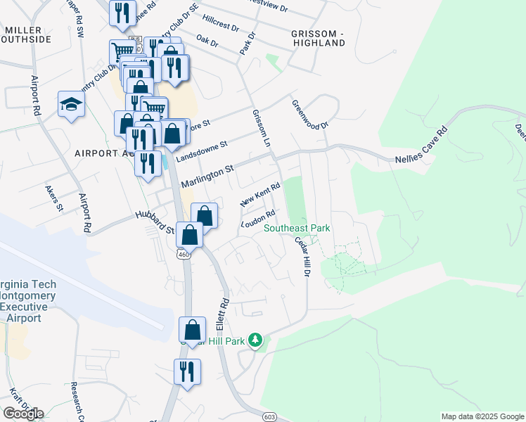 map of restaurants, bars, coffee shops, grocery stores, and more near 309 Loudon Road in Blacksburg