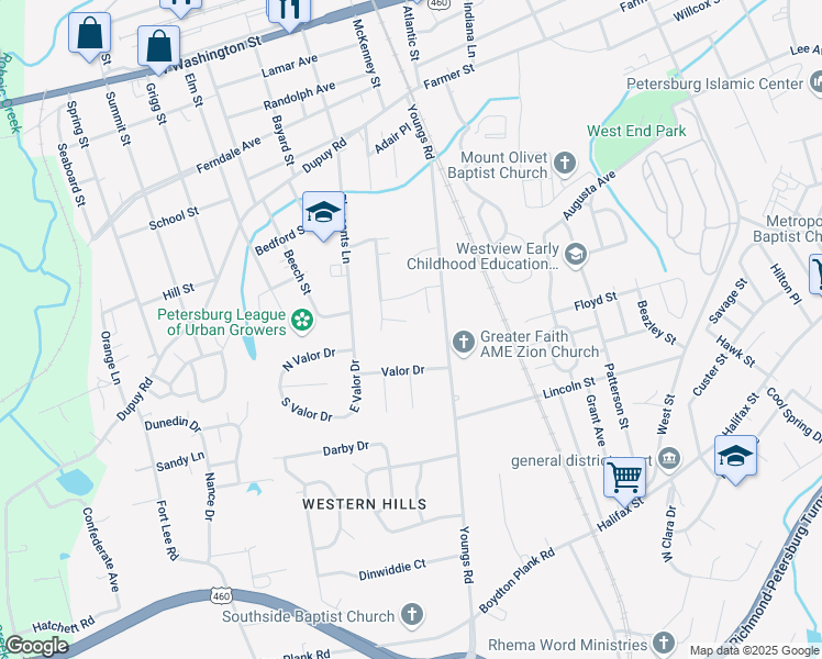 map of restaurants, bars, coffee shops, grocery stores, and more near 12 Botany Bay Circle in Petersburg