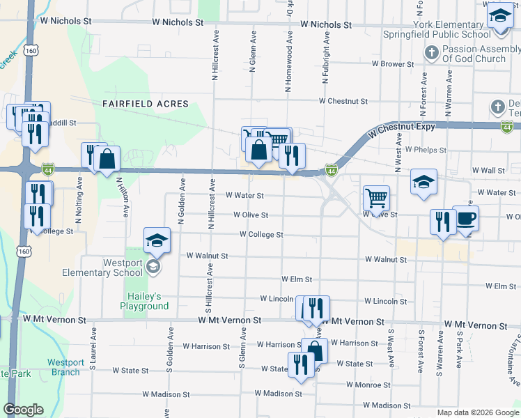 map of restaurants, bars, coffee shops, grocery stores, and more near 2837 West Olive Street in Springfield