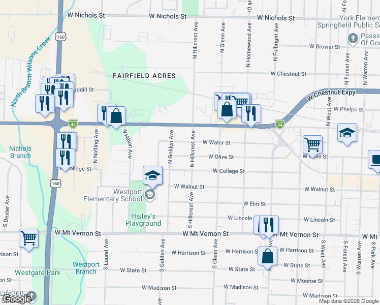 map of restaurants, bars, coffee shops, grocery stores, and more near 3007 West Olive Street in Springfield