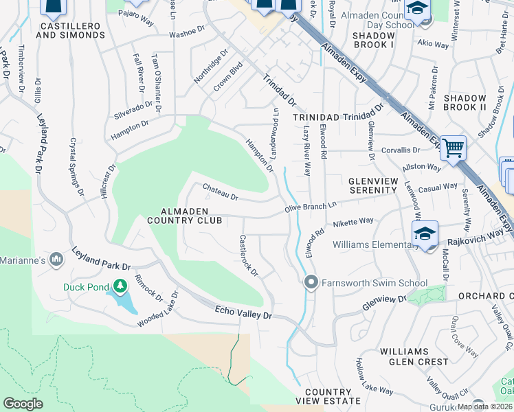 map of restaurants, bars, coffee shops, grocery stores, and more near 1190 Chateau Drive in San Jose