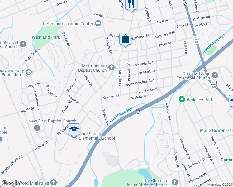 map of restaurants, bars, coffee shops, grocery stores, and more near 741 Court Street in Petersburg