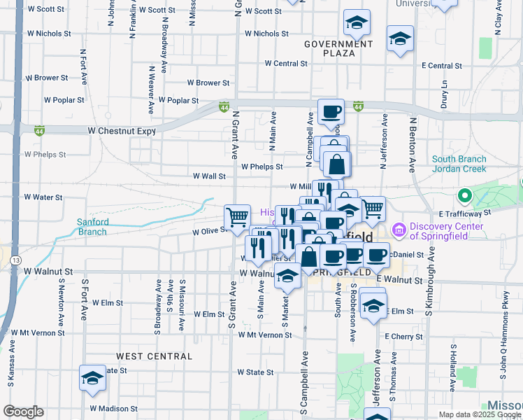 map of restaurants, bars, coffee shops, grocery stores, and more near 319 North Main Avenue in Springfield