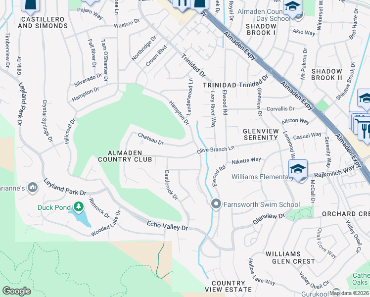 map of restaurants, bars, coffee shops, grocery stores, and more near 1190 Chateau Drive in San Jose