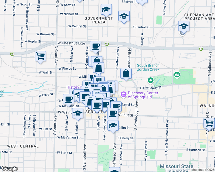 map of restaurants, bars, coffee shops, grocery stores, and more near 301 East Olive Street in Springfield