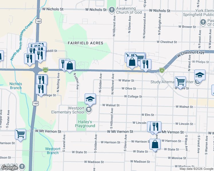 map of restaurants, bars, coffee shops, grocery stores, and more near 3007 West Olive Street in Springfield